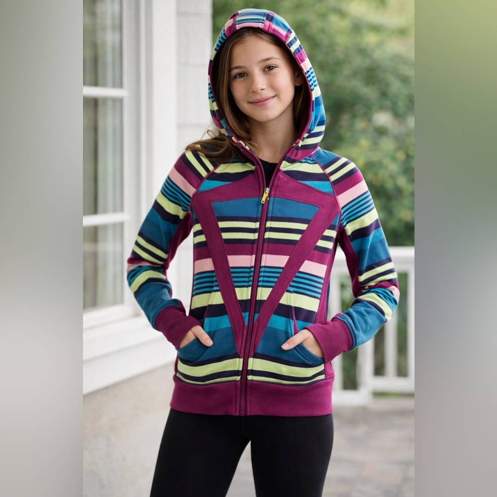 Ivivva Scuba Hoodie Girls 14 (Fits XS) Striped Lululemon Style Zip Jacket Pink